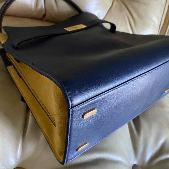 LARGE Tory Burch Lee Radziwill Double Bag Leather Suede Navy Yellow NO STRAP! - Picture 7 of 16
